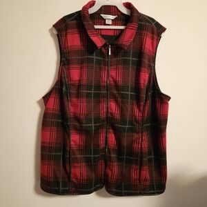 Christopher & Banks Red Plaid Full Zip Vest Pockets Faux Leather Trim Size XL
